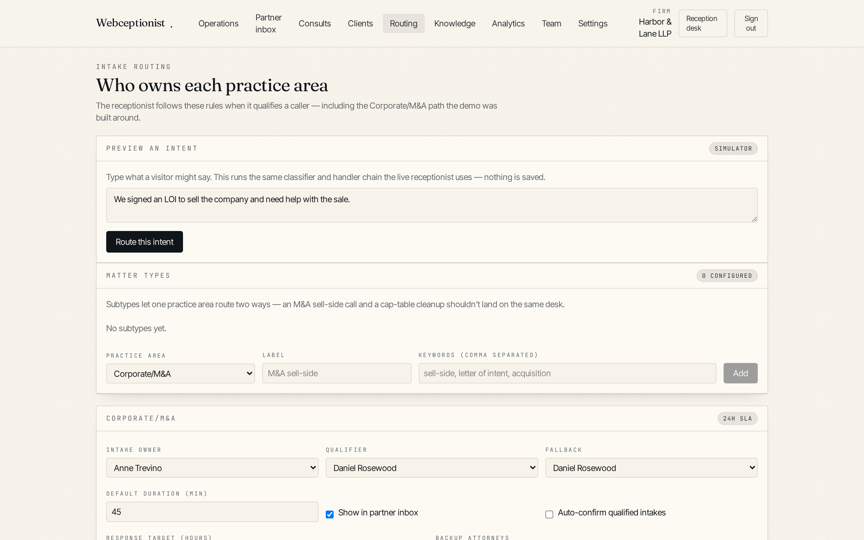 Routing rules with matter types, escalation chain and SLA targets